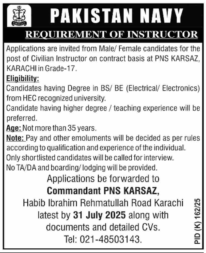 Jobs in Pakistan Navy Karachi